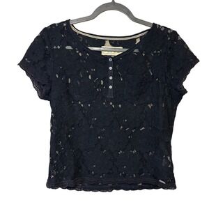 Abercrombie & Fitch Black Lace Short Sleeve Henley Top Size Small